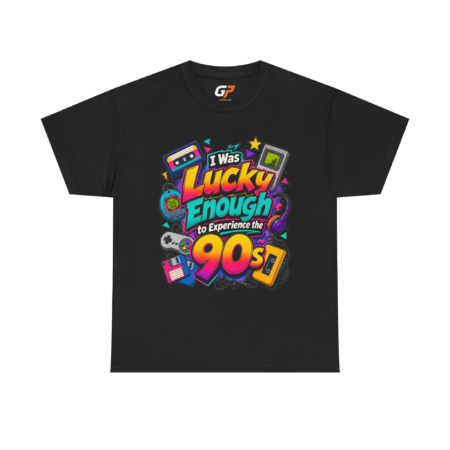 Front, Black 90s shirt with colorful I Was Lucky Enough to Experience the 90s graphic